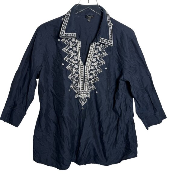 Talbots Women’s Navy Blue White Embroidered Tunic Top Size 18 W 18W 3/4 Sleeve - Picture 2 of 6